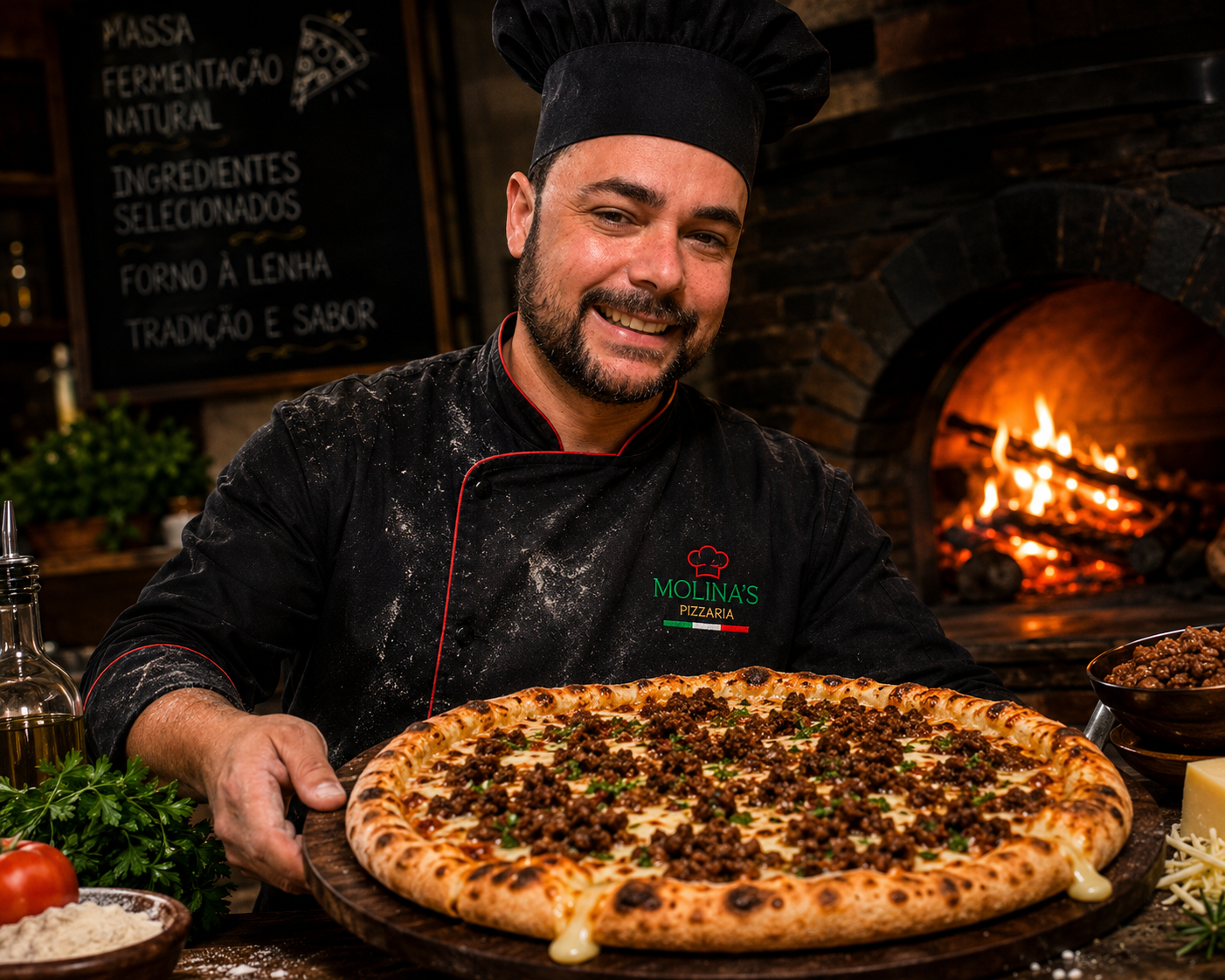 Pizzaiolo da Molina's apresentando pizza recém saída do forno à lenha