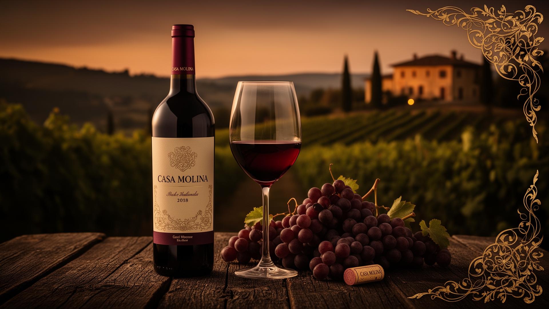 Vinho Tinto Casa Molina's — garrafa e taça em ambiente vinícola toscano ao entardecer